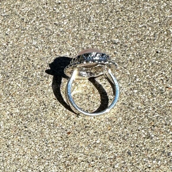 NEW Oval Peach Pink Cream Rose Quartz Vintage-inspired Silver Art Deco Ring Sz 9 - Picture 10 of 13